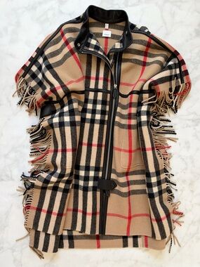Burberry Check Zip Front Cape Fringed Poncho Leather Trim Coat Unisex XS/S